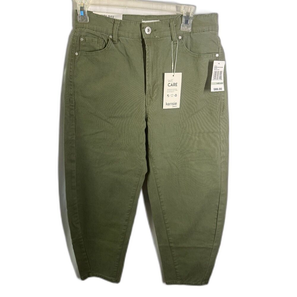 Kensie Jeans The Jessica High Rise Cropped Barrel Pants Olive Green 0/25